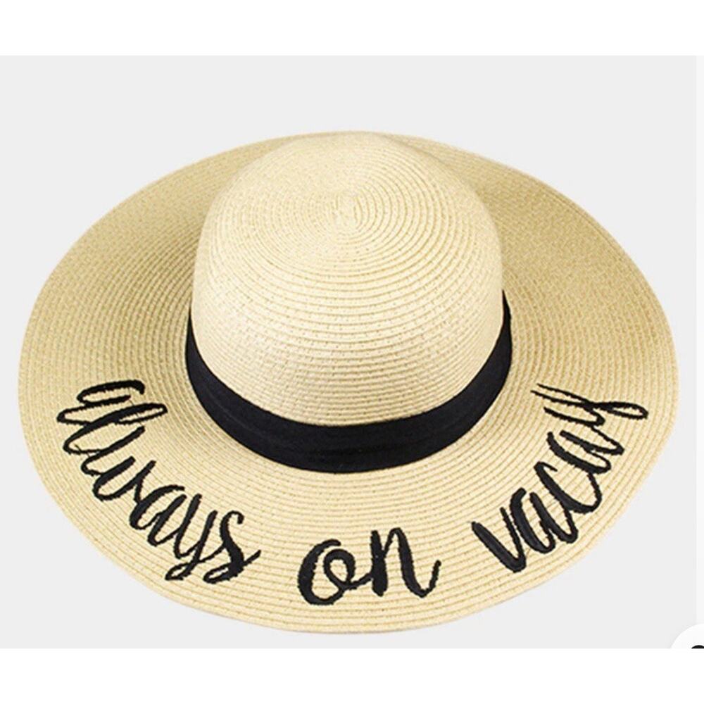 Always on Vacay Flop Straw Hat One Size Fits Most - 4" Brim Black Band Accent